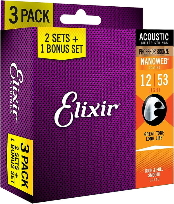 Elixir 16545 Acoustic Phosphor Bronze Nano Custom Light 3-Pack 12-53