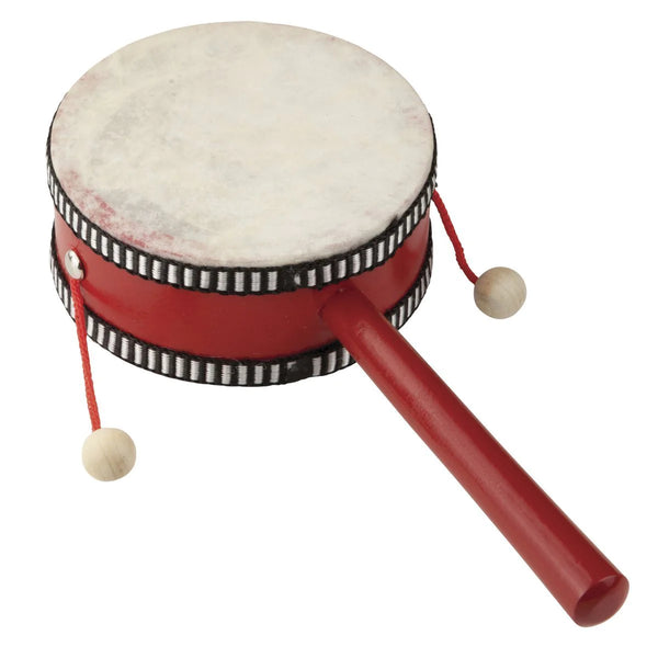MONKEY DRUM - 4 INCH WOODEN MONKEY DRUM - WOODEN DOUBLE HEADED DRUM WITH WOODEN STIRING BEADS - RED
