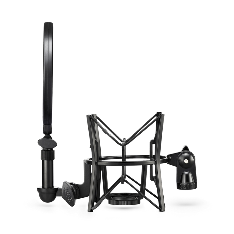 Professional shock mount with integrated pop shield for RODE Studio series microphones.