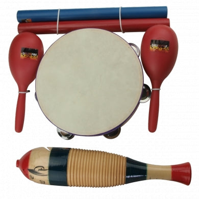 EDUCATIONAL/KIDS 5 PIECE PERCUSSION SET - CONSISTS OF HEADED TAMBOURINE - ABS MARACAS - FISH STYLED GUIRO - CLAVES PACKAGED IN CLEAR CARRY BAG