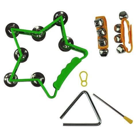 EDUCATIONAL/KIDS 6 PIECE PERCUSSION SET - CONSISTS OF ABS STAR TAMBOURINE - 1 X PAIR WRIST BELLS - TRIANGLE - PAKAGED IN YELLOW FROG CARRY BAG